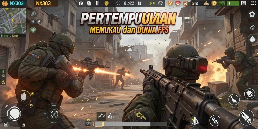 Screenshot gameplay NX303 menampilkan aksi tembak-menembak intens.